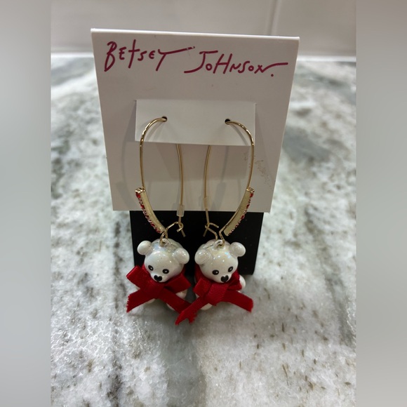Betsey Johnson White Bear Earrings with Red Bows - Picture 2 of 4
